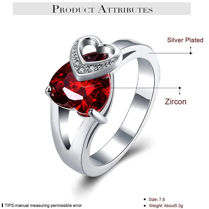Earrings Yellow Chimes Yellow Chimes Rings for Women Valentines Special Stylish Red Heart Shaped Fashion Silver toned Dual Heart Crystal Ring for Women and Girls