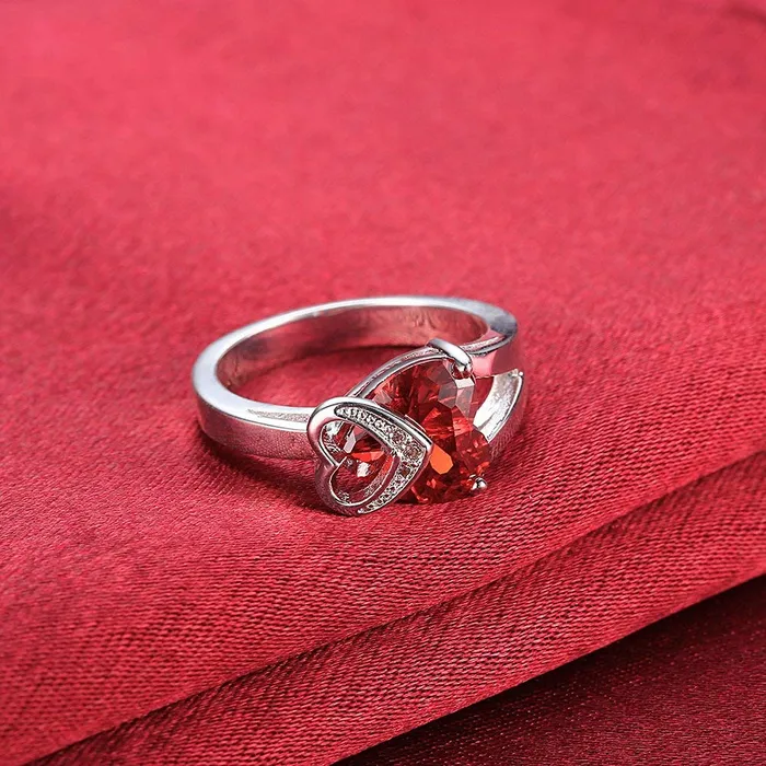 Earrings Yellow Chimes Yellow Chimes Rings for Women Valentines Special Stylish Red Heart Shaped Fashion Silver toned Dual Heart Crystal Ring for Women and Girls