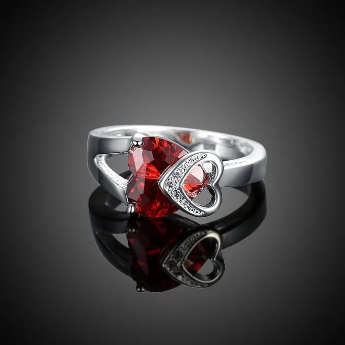Earrings Yellow Chimes Yellow Chimes Rings for Women Valentines Special Stylish Red Heart Shaped Fashion Silver toned Dual Heart Crystal Ring for Women and Girls