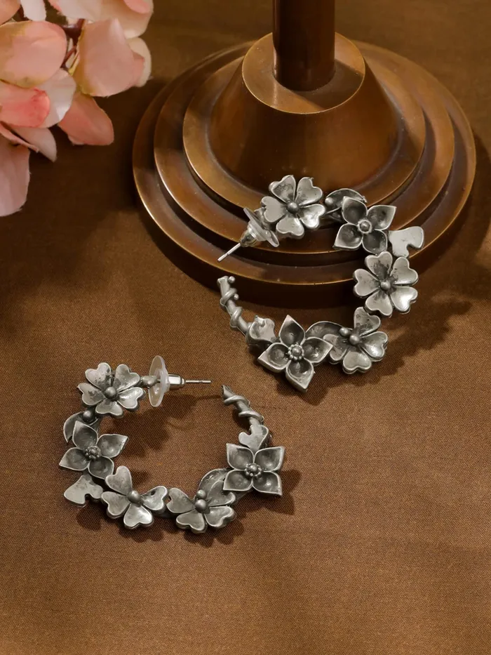 Earrings Yellow Chimes Yellow Chimes Silver Oxidised Hoops Earrings for Women Girls Floral Shaped Traditional Silver Oxidised Plated Hoop Earrings Eternal Elegance Birthday Anniversary Gift For Girls Women