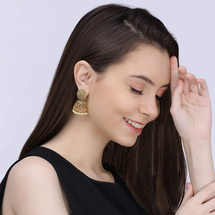 Earrings Yellow Chimes Yellow Chimes Traditional JhumkaJhumki Earrings Temple Jewellery Antique Oxidized Matte Gold Plated Floral Earrings for Womens Girls