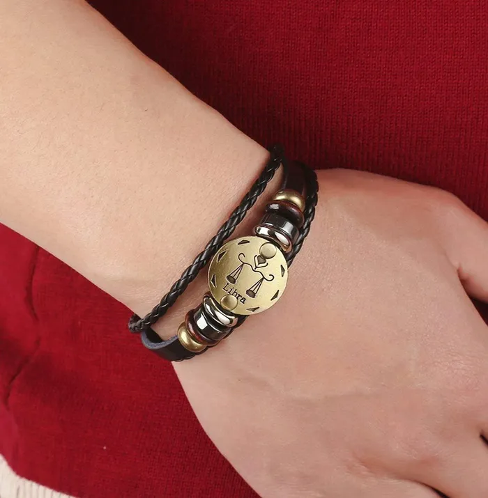 Earrings Yellow Chimes Yellow Chimes Zodiac Sign Constellation Handmade Brown Leather Bracelet For Men and WomenUnisex Libra