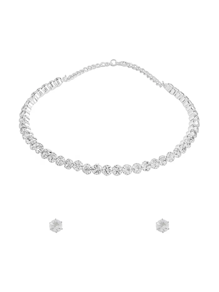 Elegant Silver Jewellery Set White Stone Crystal Necklace Lobster Clasp Closure One Size Rhodium Plated Yellow Chimes Earrings Elegant Silver Jewellery Set White Stone Crystal Necklace Lobster Clasp Closure One Size Rhodium Plated Yellow Chimes Earrings