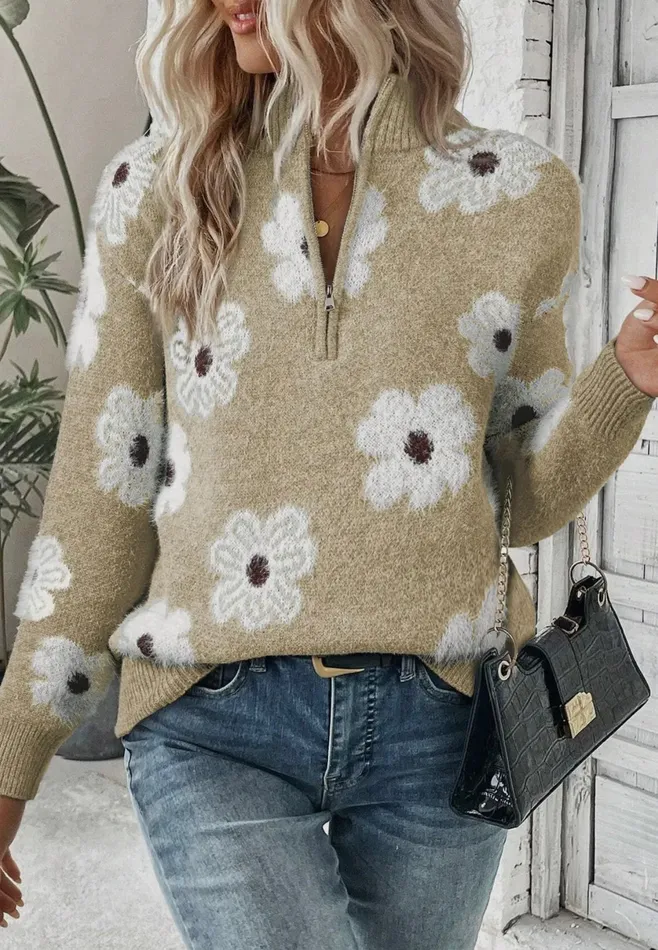 Floral HalfZip Shoulder Sweater Lalaloo Rings