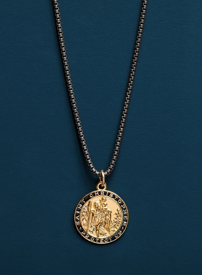 Gold St Christopher Necklace on Titanium Chain WE ARE ALL SMITH Mens Jewelry Clothing Necklaces Gold St Christopher Necklace on Titanium Chain WE ARE ALL SMITH Mens Jewelry Clothing Necklaces