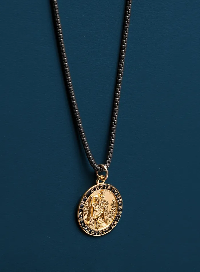Gold St Christopher Necklace on Titanium Chain WE ARE ALL SMITH Mens Jewelry Clothing Necklaces