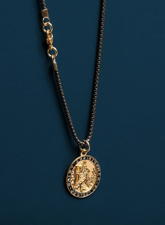 Gold St Christopher Necklace on Titanium Chain WE ARE ALL SMITH Mens Jewelry Clothing Necklaces