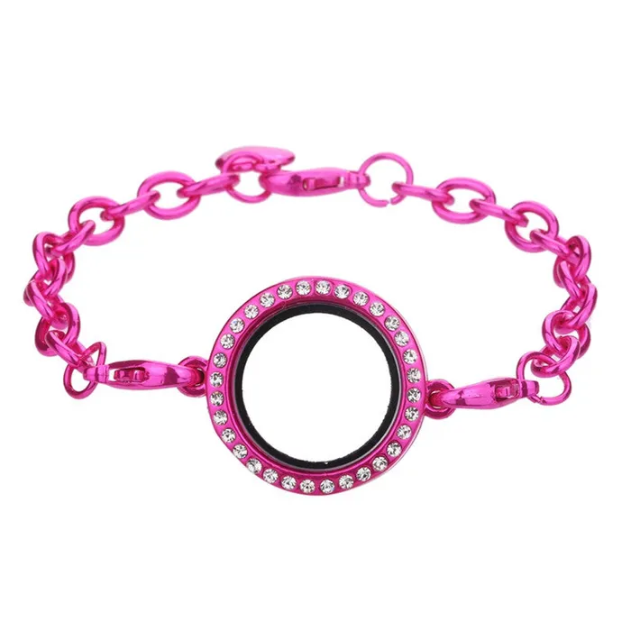 JE0084 Bracelets Glass Locket Bracelet Magnetic 25mm Metallic Hot Pink Chain Link