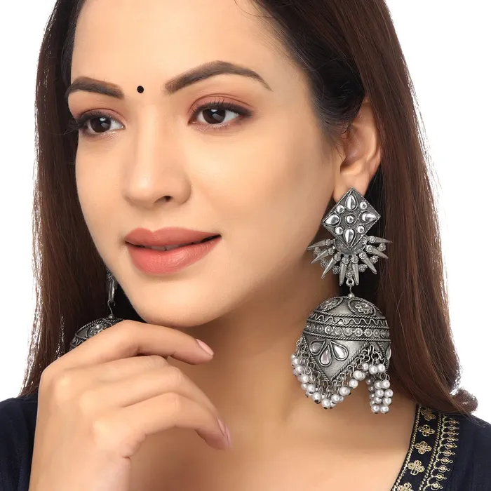 Kairangi Earrings for Women and Girls Traditional Silver Oxidised Jhumka Earrings German Silver Big Jhumki Earrings Birthday Gift For girls and women Anniversary Gift for Wife Kairangi Necklaces