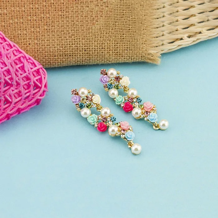Kairangi Pearl Earrings for Women Fashion Collection Multicolor Rose Floral Design Gold Plated Danglers Earrings For Women Kairangi Necklaces