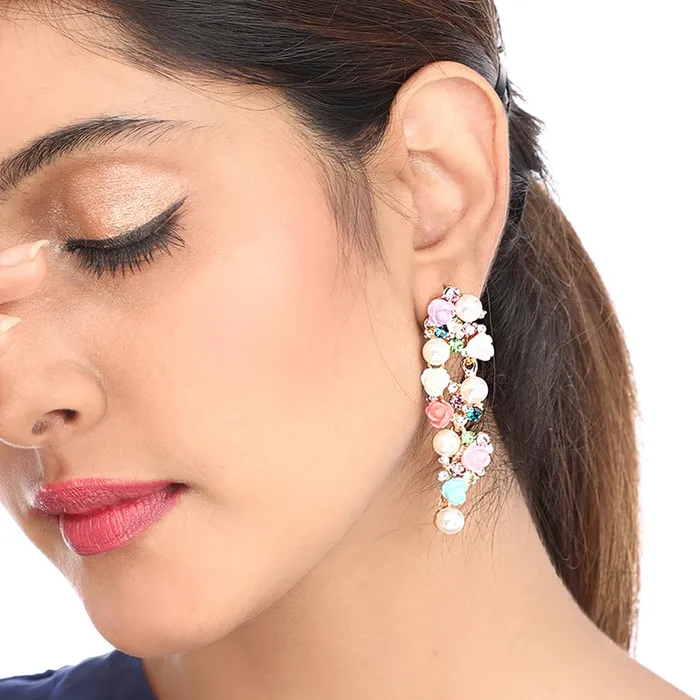 Kairangi Pearl Earrings for Women Fashion Collection Multicolor Rose Floral Design Gold Plated Danglers Earrings For Women Kairangi Necklaces