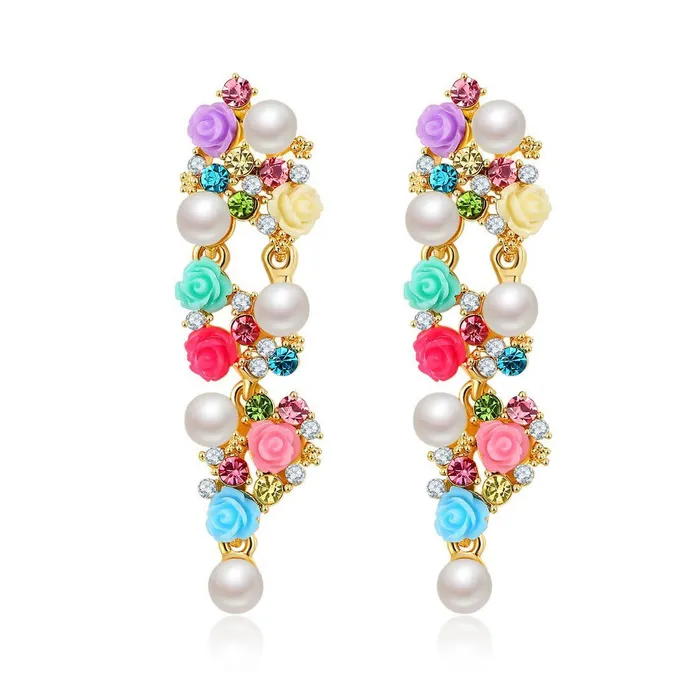 Kairangi Pearl Earrings for Women Fashion Collection Multicolor Rose Floral Design Gold Plated Danglers Earrings For Women Kairangi Necklaces