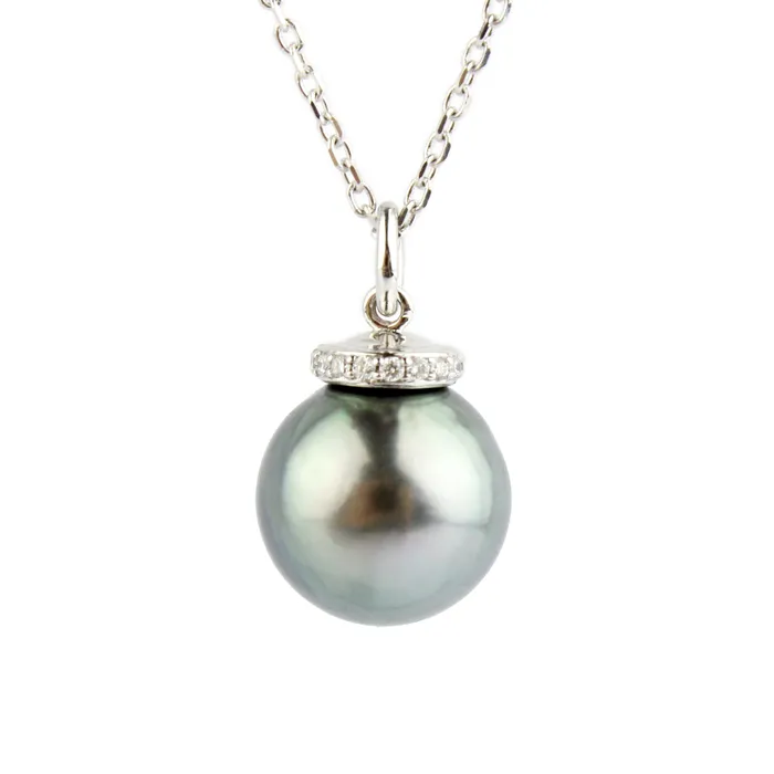Kamoka Pearl Necklaces SilveryAqua Tahitian Pearl Diamond Halo Necklace on 14K White Gold Kamoka Pearl Necklaces SilveryAqua Tahitian Pearl Diamond Halo Necklace on 14K White Gold