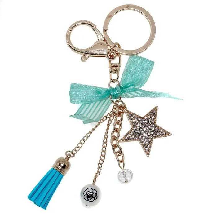 KC1013 Earrings Keychain Rhinestone Blue Ribbon Star Dangle