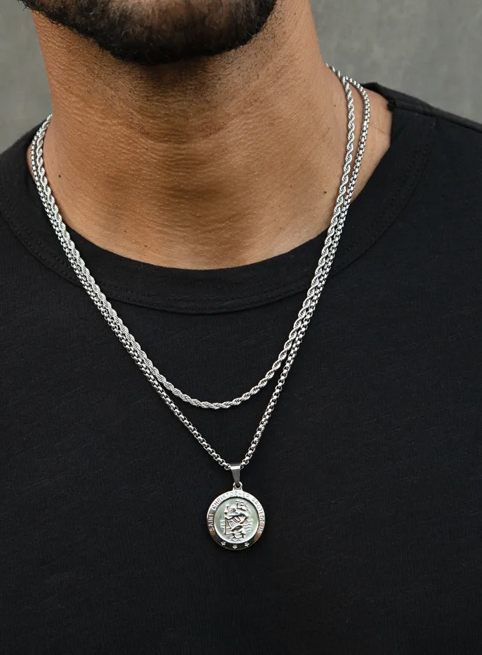 Necklace Set Silver Rope Chain and St Christopher Necklace WE ARE ALL SMITH Mens Jewelry Clothing Necklaces