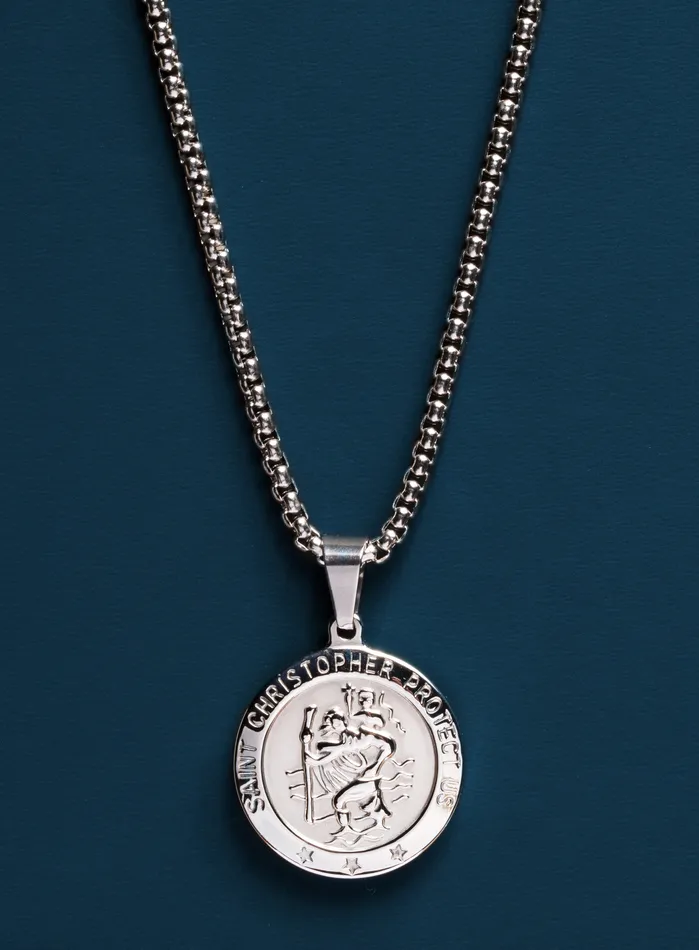 Necklace Set Silver Rope Chain and St Christopher Necklace WE ARE ALL SMITH Mens Jewelry Clothing Necklaces