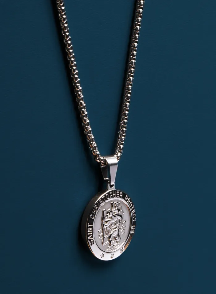 Necklace Set Silver Rope Chain and St Christopher Necklace WE ARE ALL SMITH Mens Jewelry Clothing Necklaces