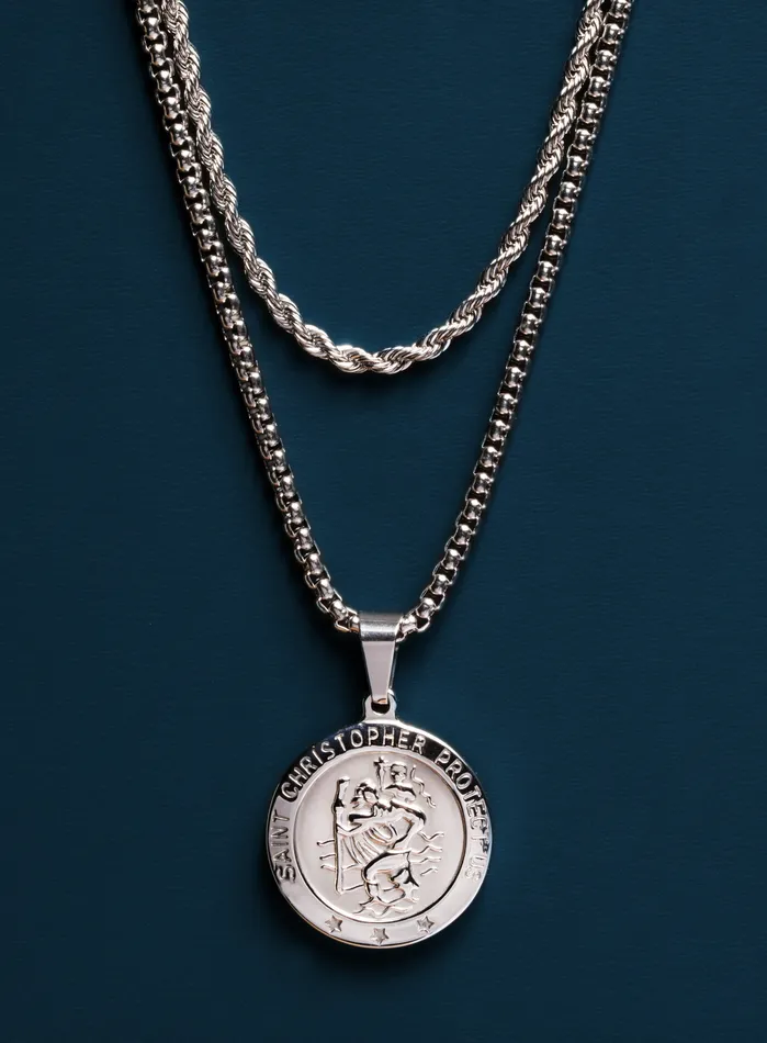 Necklace Set Silver Rope Chain and St Christopher Necklace WE ARE ALL SMITH Mens Jewelry Clothing Necklaces