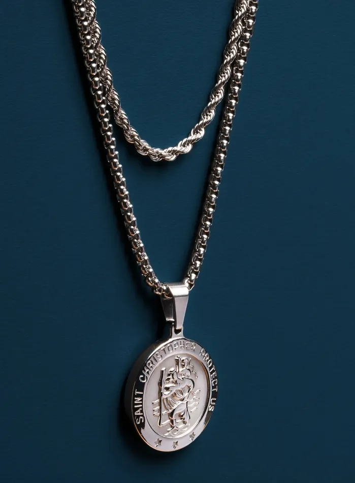 Necklace Set Silver Rope Chain and St Christopher Necklace WE ARE ALL SMITH Mens Jewelry Clothing Necklaces