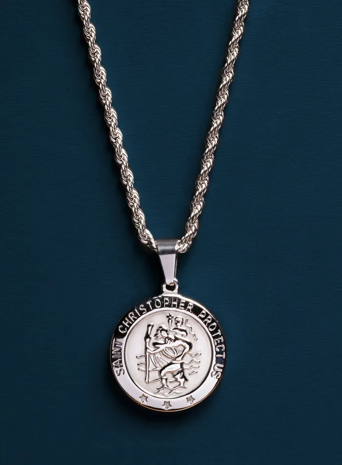 Necklace Set Silver Rope Chain and St Christopher Necklace WE ARE ALL SMITH Mens Jewelry Clothing Necklaces