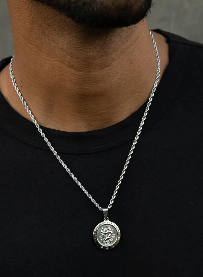 Necklace Set Silver Rope Chain and St Christopher Necklace WE ARE ALL SMITH Mens Jewelry Clothing Necklaces