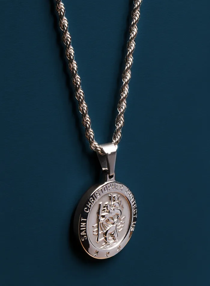 Necklace Set Silver Rope Chain and St Christopher Necklace WE ARE ALL SMITH Mens Jewelry Clothing Necklaces