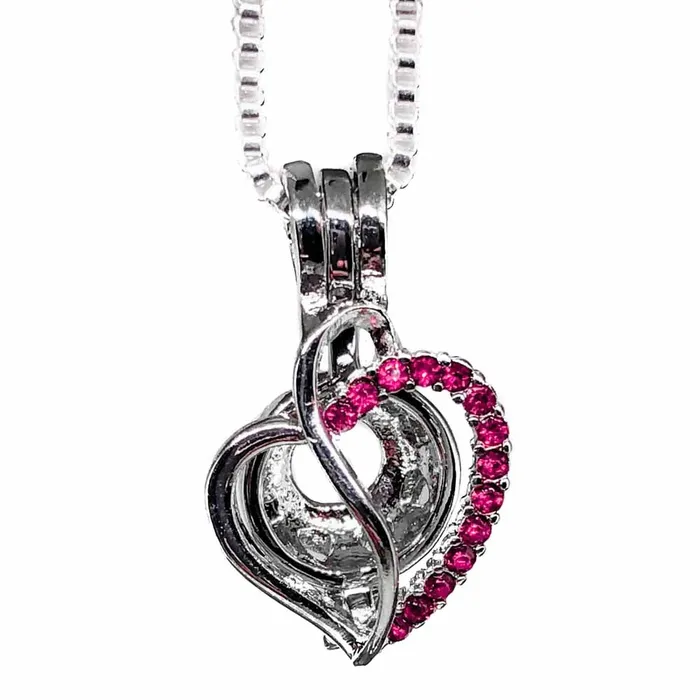 Necklaces Cage Pendant Silver Plated S Heart Pink Rhinestones CPSP184