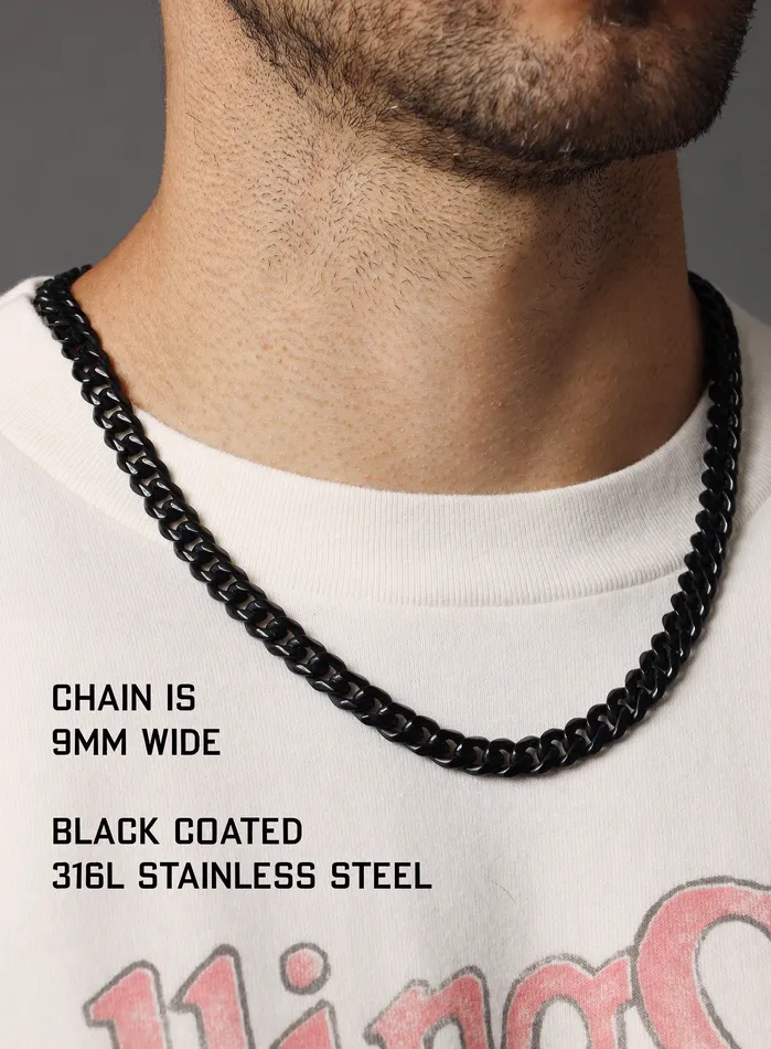 Necklaces WE ARE ALL SMITH Mens Jewelry Clothing 9mm Black Miami Cuban chain in black coated 316L Stainless Steel