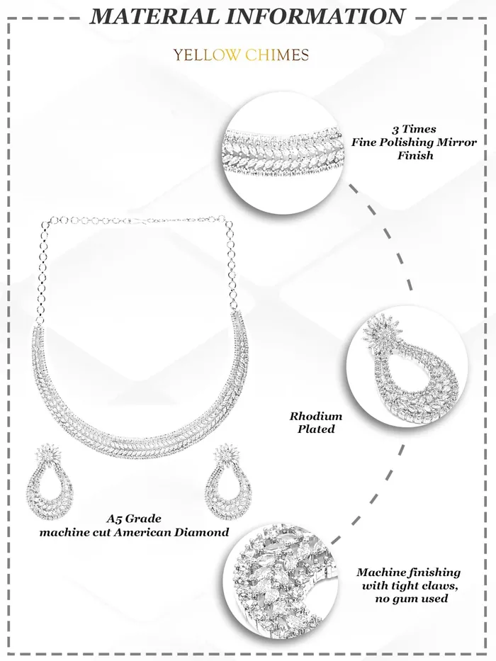 Necklaces Yellow Chimes American Diamond Jewellery Set for Women Rhodium Plated High Grade Authentic White AD Jewellery Necklace Set for Women and Girls Yellow Chimes