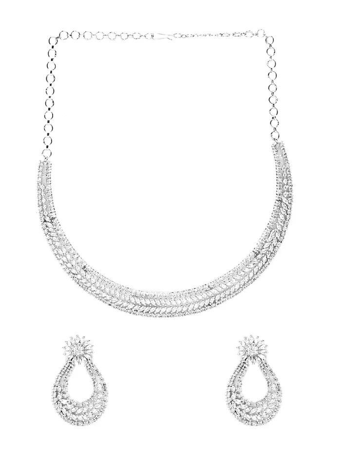Necklaces Yellow Chimes American Diamond Jewellery Set for Women Rhodium Plated High Grade Authentic White AD Jewellery Necklace Set for Women and Girls Yellow Chimes