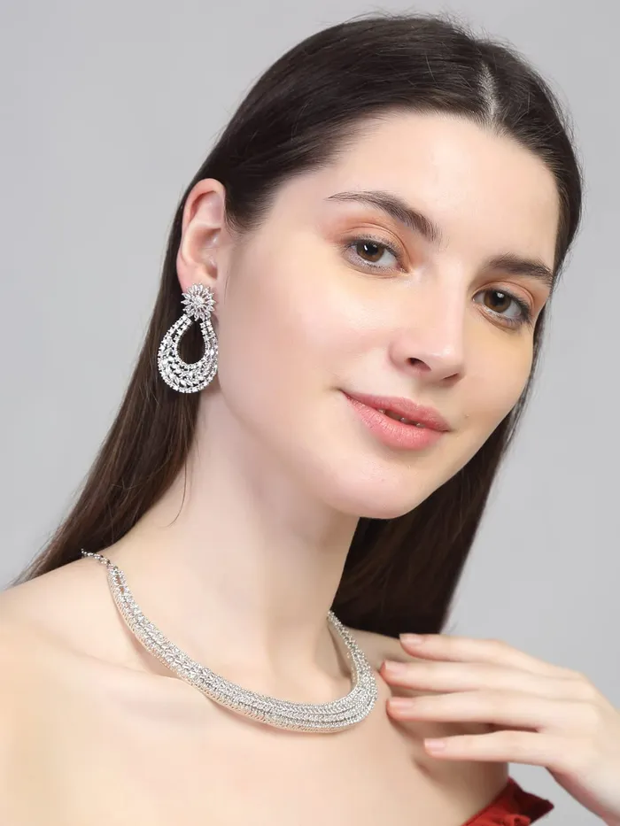 Necklaces Yellow Chimes American Diamond Jewellery Set for Women Rhodium Plated High Grade Authentic White AD Jewellery Necklace Set for Women and Girls Yellow Chimes