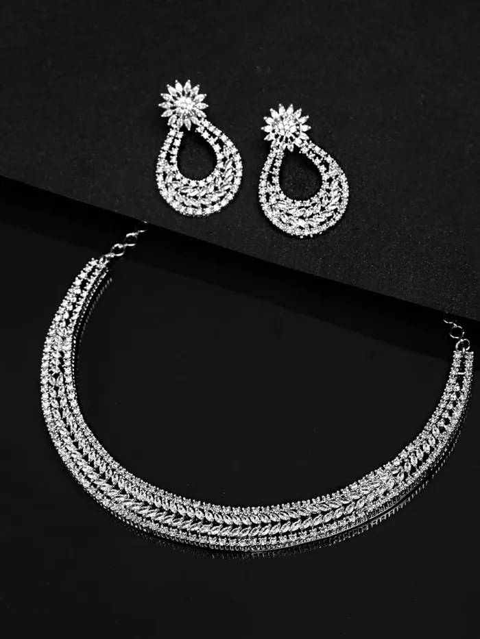 Necklaces Yellow Chimes American Diamond Jewellery Set for Women Rhodium Plated High Grade Authentic White AD Jewellery Necklace Set for Women and Girls Yellow Chimes