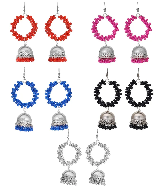 Necklaces Yellow Chimes Combo of 5 Pairs Silver Oxidised Jhumka Afghani Style Traditional Hoop Jhumka Earrings For Women and Girls Yellow Chimes