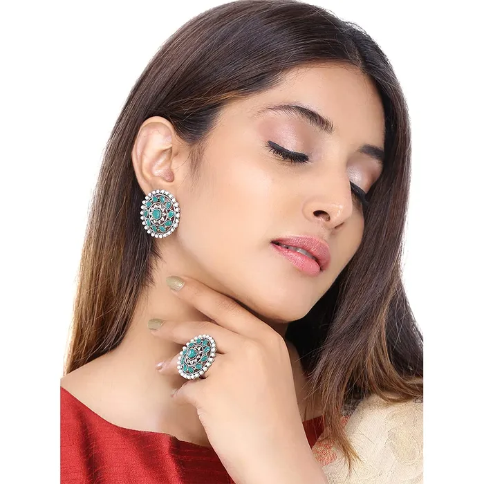 Necklaces Yellow Chimes Ethnic German Silver Oxidised Green Studded stones Round Traditional Stud Earrings and Ring Set for Women And Girls Silver Green Medium Model Number YCTJER89STNCIRSTGR Yellow Chimes