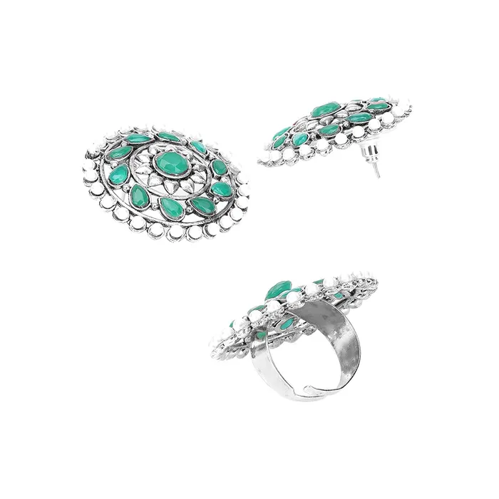 Necklaces Yellow Chimes Ethnic German Silver Oxidised Green Studded stones Round Traditional Stud Earrings and Ring Set for Women And Girls Silver Green Medium Model Number YCTJER89STNCIRSTGR Yellow Chimes