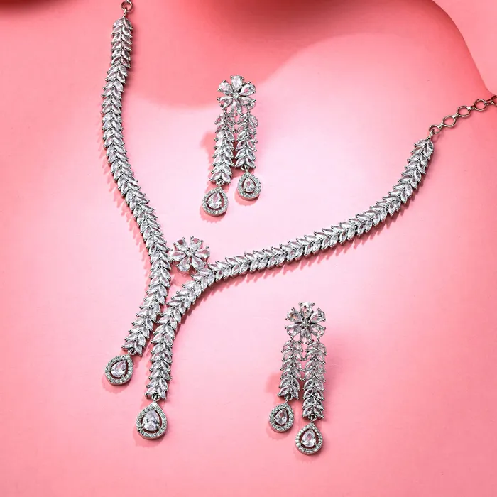 Necklaces Yellow Chimes Jewellery Set for Women and Girls American Diamond Jewellery Set Silver Tone Drop Designed White AD Necklace Set Birthday Gift for girls and women Anniversary Gift for Wife Yellow Chimes