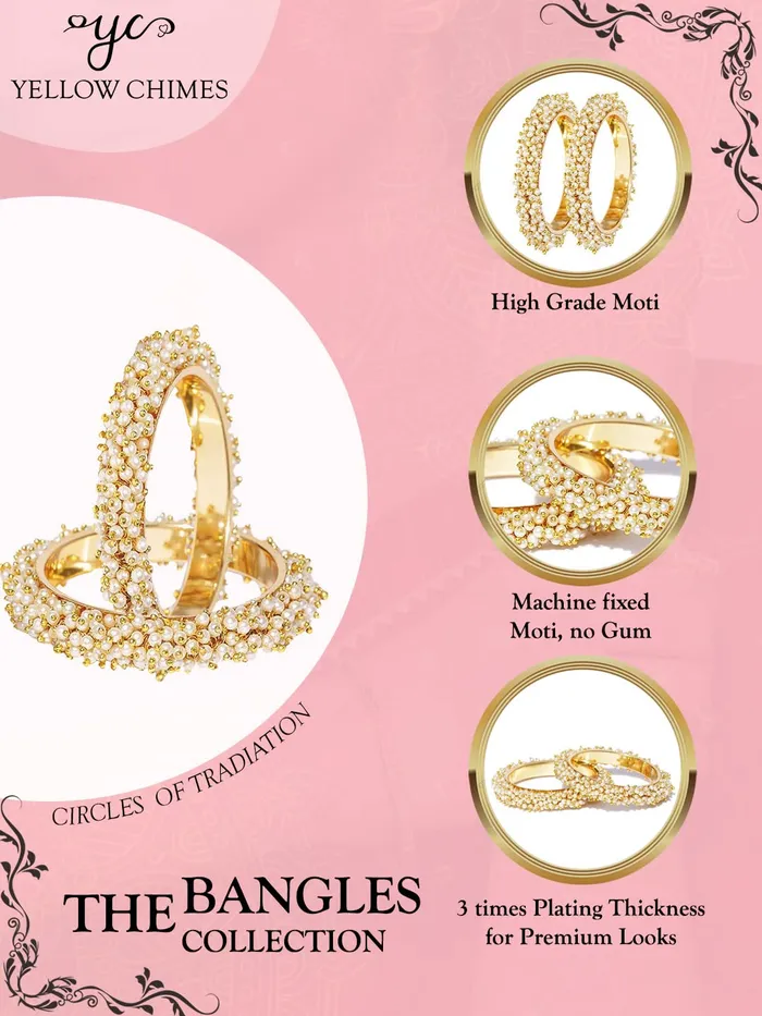 Necklaces Yellow Chimes Moti Bangles for Women Pearl Studded Moti Traditional Gold Plated 2 PCs Bangles Set for Women and Girls Yellow Chimes