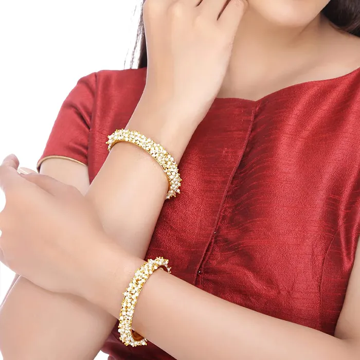 Necklaces Yellow Chimes Moti Bangles for Women Pearl Studded Moti Traditional Gold Plated 2 PCs Bangles Set for Women and Girls Yellow Chimes