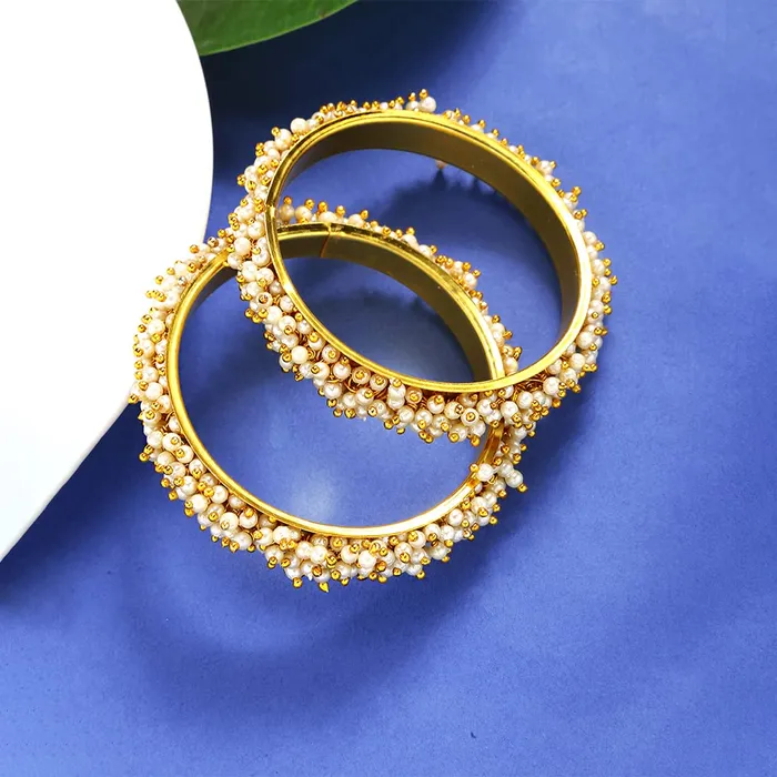 Necklaces Yellow Chimes Moti Bangles for Women Pearl Studded Moti Traditional Gold Plated 2 PCs Bangles Set for Women and Girls Yellow Chimes