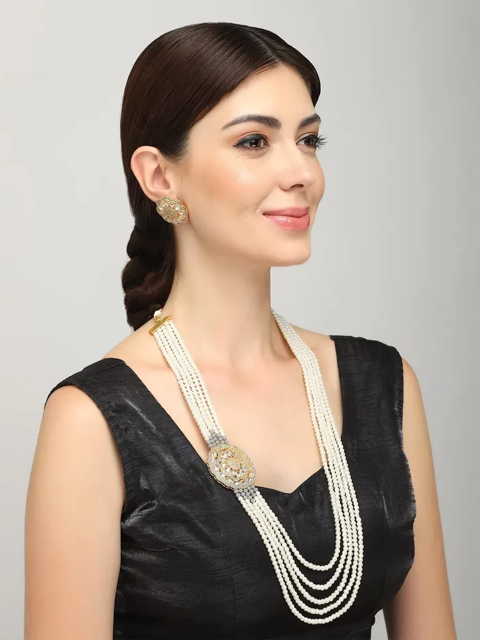 Necklaces Yellow Chimes Pearl Jewellery Set for Women White Kundan Beads Necklace Set Traditional Multilayered Long Jewellery Set for Women and Girls Yellow Chimes