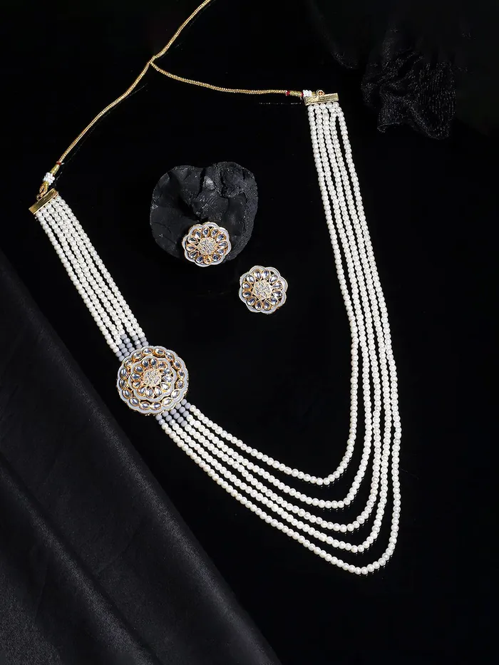 Necklaces Yellow Chimes Pearl Jewellery Set for Women White Kundan Beads Necklace Set Traditional Multilayered Long Jewellery Set for Women and Girls Yellow Chimes