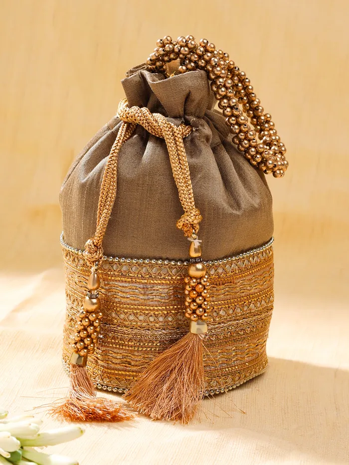 Necklaces Yellow Chimes Potli Bags Traditional Handbags with Intricate Embroidery 18x13 cm Multicolor