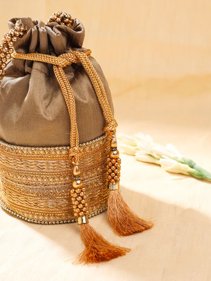 Necklaces Yellow Chimes Potli Bags Traditional Handbags with Intricate Embroidery 18x13 cm Multicolor