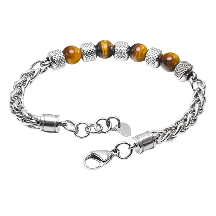 Necklaces Yellow Chimes Yellow Chimes Beads Bracelet for Men Stainless Steel High Polished with Handmade Tiger Eye stones Bracelet for men and Boys