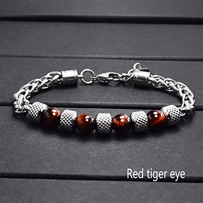 Necklaces Yellow Chimes Yellow Chimes Beads Bracelet for Men Stainless Steel High Polished with Handmade Tiger Eye stones Bracelet for men and Boys