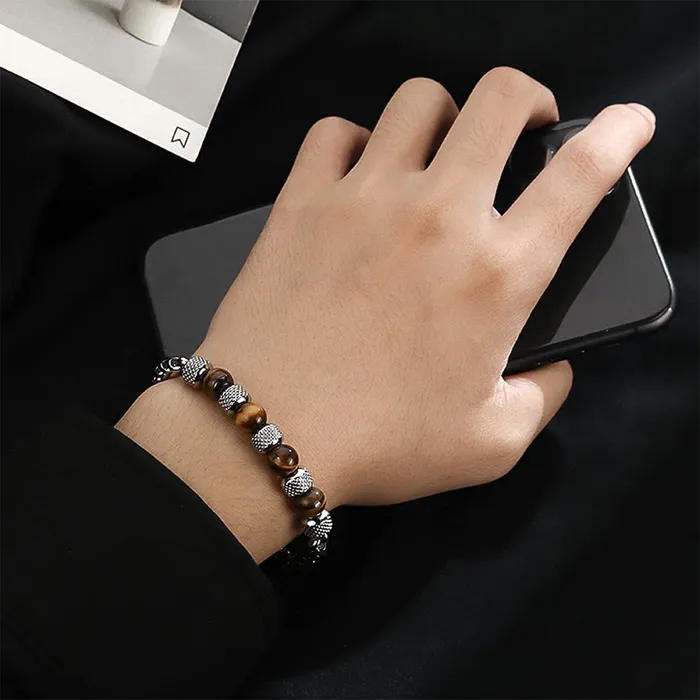 Necklaces Yellow Chimes Yellow Chimes Beads Bracelet for Men Stainless Steel High Polished with Handmade Tiger Eye stones Bracelet for men and Boys
