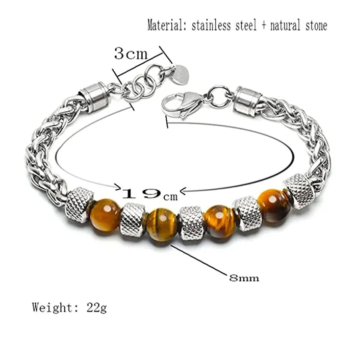 Necklaces Yellow Chimes Yellow Chimes Beads Bracelet for Men Stainless Steel High Polished with Handmade Tiger Eye stones Bracelet for men and Boys