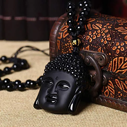 Necklaces Yellow Chimes Yellow Chimes Black Beads Necklace for WomenObsidian Hand Carved Healing Beads Yoga Reik Natural Stone God Buddha Long mala Amulet Necklace Pendant for Men and Women