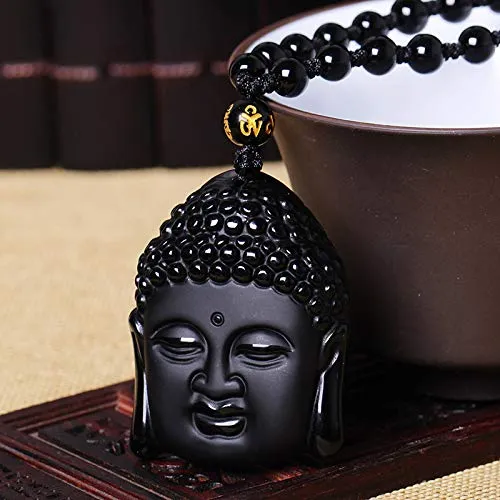 Necklaces Yellow Chimes Yellow Chimes Black Beads Necklace for WomenObsidian Hand Carved Healing Beads Yoga Reik Natural Stone God Buddha Long mala Amulet Necklace Pendant for Men and Women