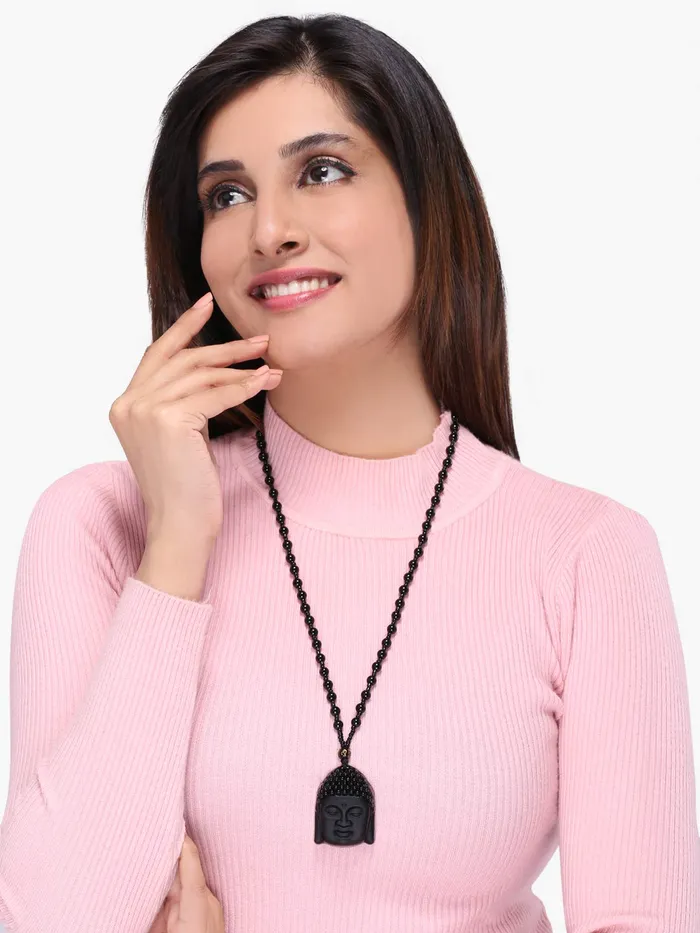 Necklaces Yellow Chimes Yellow Chimes Black Beads Necklace for WomenObsidian Hand Carved Healing Beads Yoga Reik Natural Stone God Buddha Long mala Amulet Necklace Pendant for Men and Women